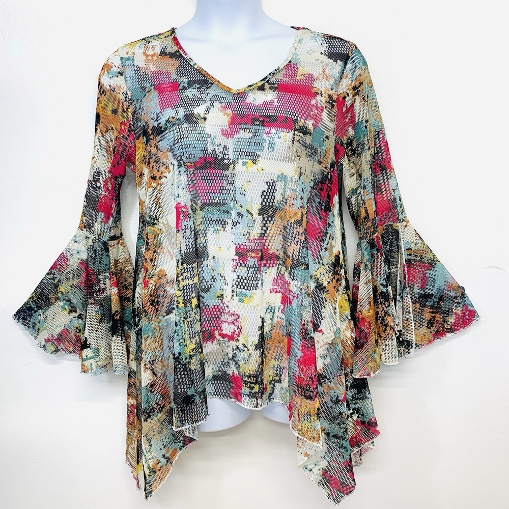 Dor Dor Mesh Colorful Flare Sleeve Blouse Top Large V Neck Sheer Boho Fairy